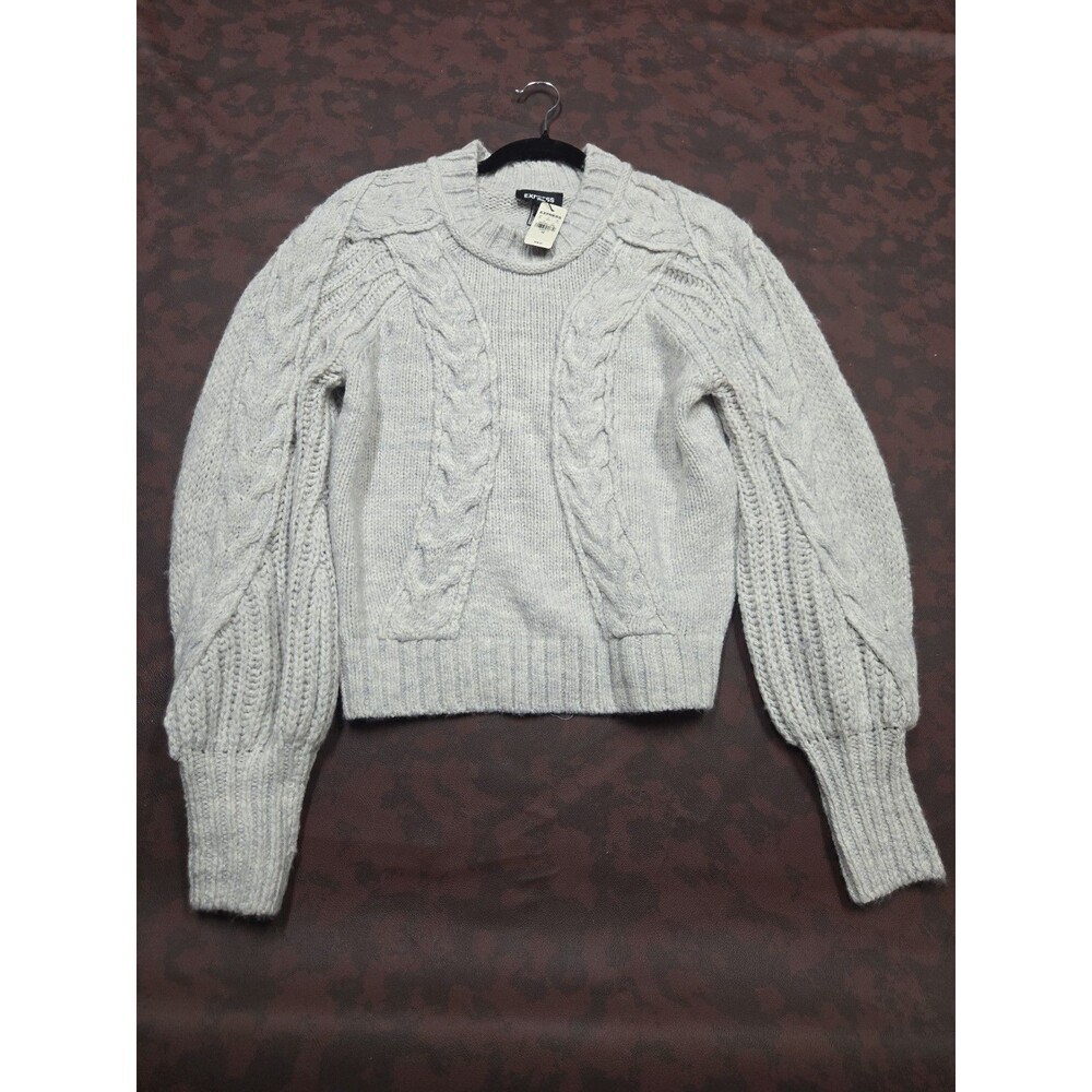 Express Chunky Cable Knit Sweater Crew Neck Balloon Sleeve Gray Crop Pullover XS
